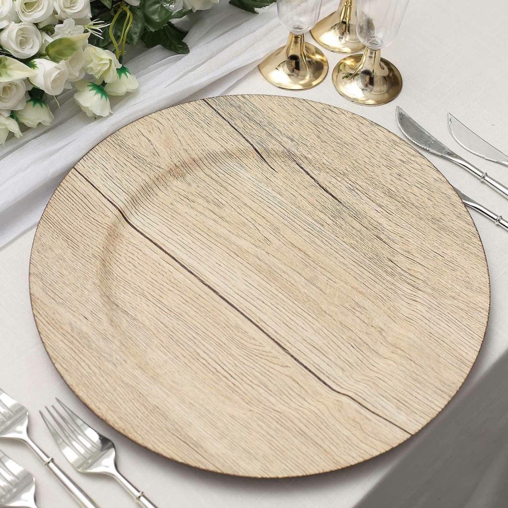 6 Pack Natural Boho Chic Faux Wood Plastic Charger Plates, Round Rustic Wedding Party Service Plates 13″  |   Acrylic Charger Plates Acrylic Charger Plates Acrylic Charger Plates