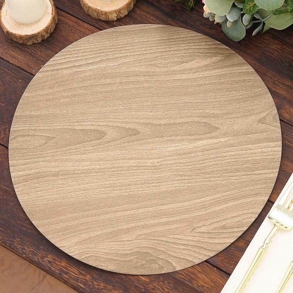 6 Pack Natural Paper Placemats With Walnut Wood Design, Round Disposable Dining Table Mats 13″  |   Paper Chargers & Trays Paper Chargers & Trays Natural