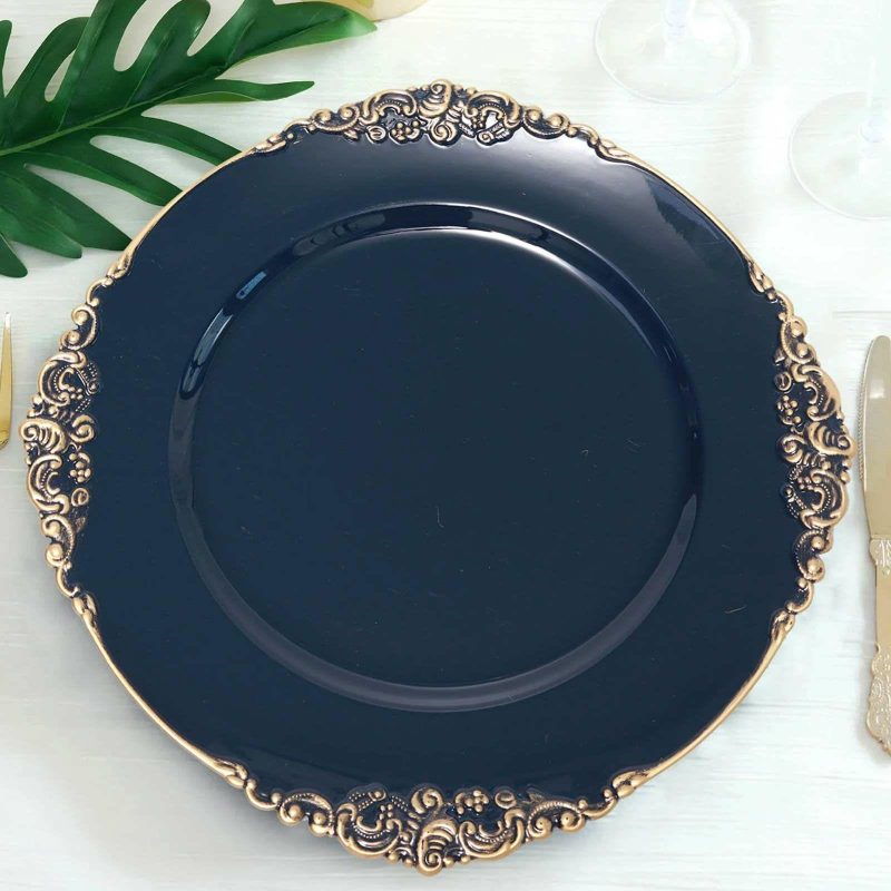 6 Pack Navy Blue Gold Embossed Baroque Round Charger Plates With Antique Design Rim 13″  |   Acrylic Charger Plates Acrylic Charger Plates Acrylic Charger Plates