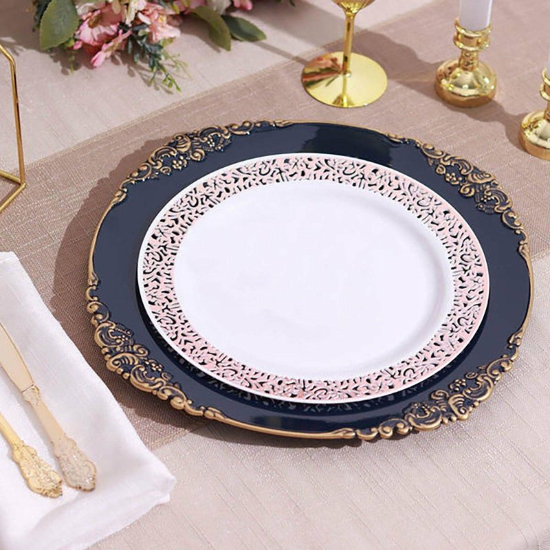 6 Pack Navy Blue Gold Embossed Baroque Round Charger Plates With Antique Design Rim 13″  |   Acrylic Charger Plates Acrylic Charger Plates Acrylic Charger Plates