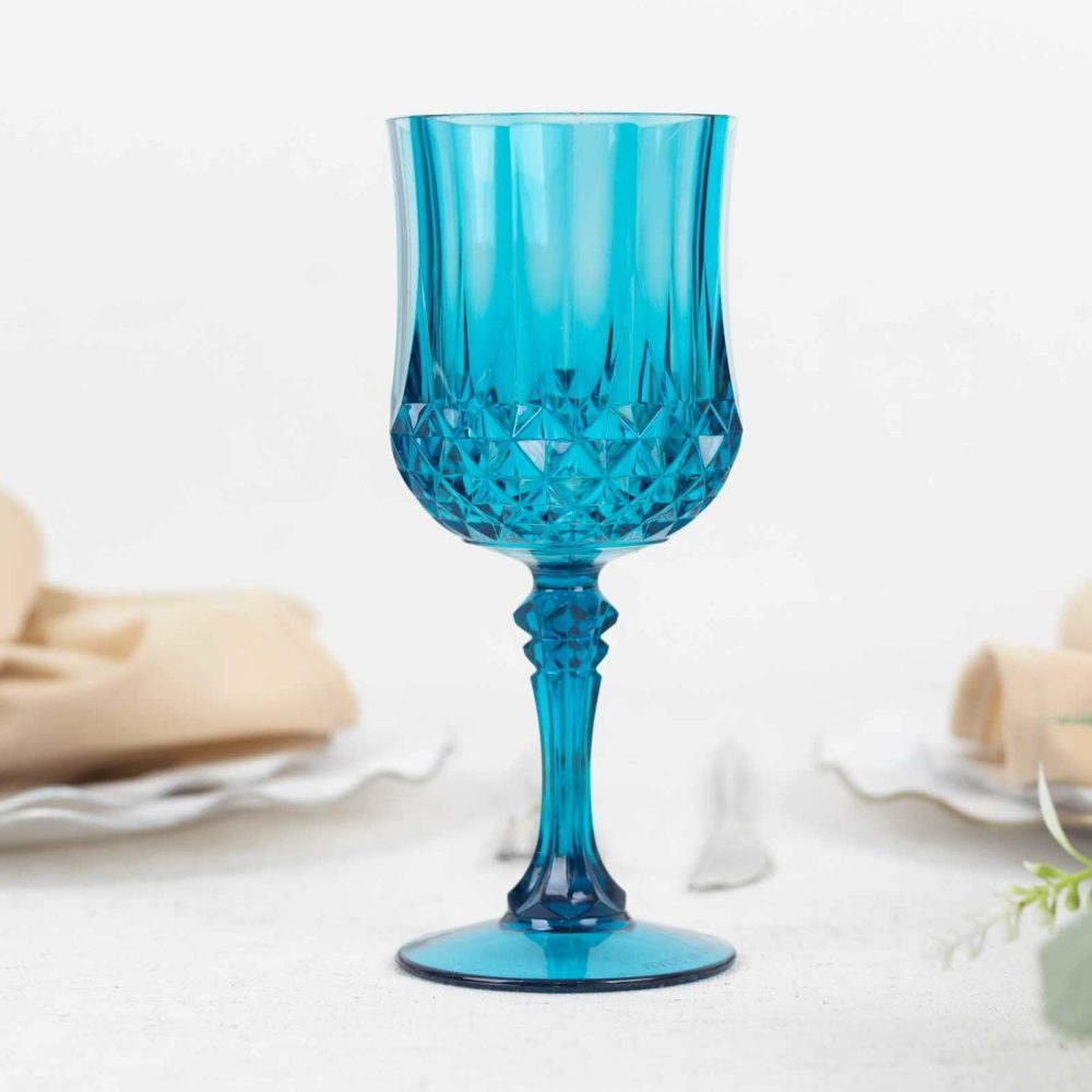 6 Pack Ocean Blue Crystal Cut Reusable Plastic Wine Glasses, Shatterproof Cocktail Goblets 8oz  |   Champagne Glasses & Flutes Champagne Glasses & Flutes Champagne Glasses & Flutes