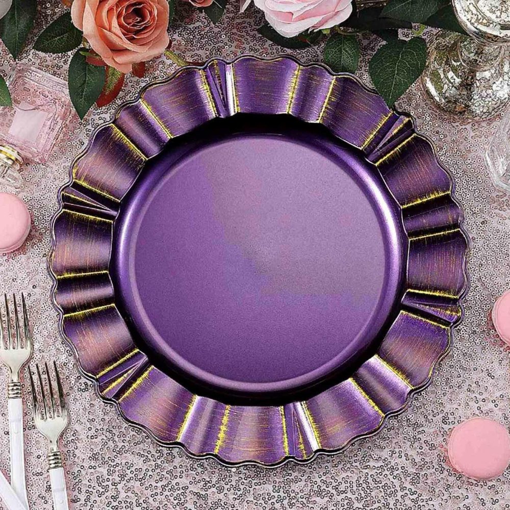 6 Pack Purple Acrylic Plastic Charger Plates With Gold Brushed Wavy Scalloped Rim 13″ Round  |   Acrylic Charger Plates Acrylic Charger Plates Acrylic Charger Plates