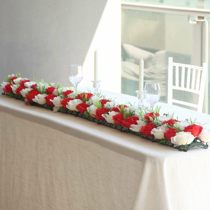 6 Pack Red Ivory Silk Rose Flower Panel Table Runner, Artificial Floral Arrangements Dining Table Decor – 20″x8″  |   Stylish Stylish Ivory