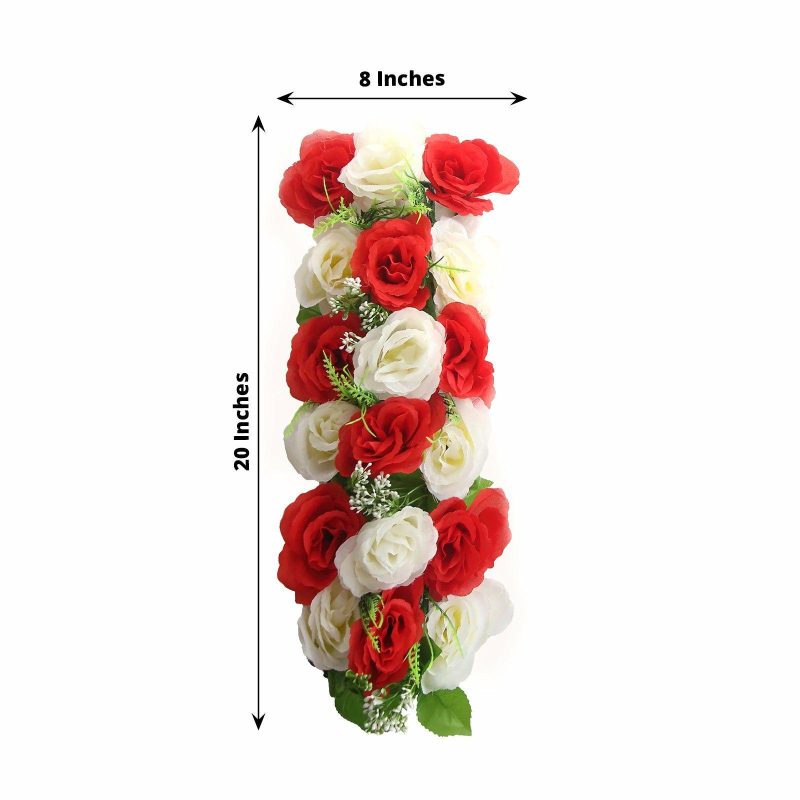 6 Pack Red Ivory Silk Rose Flower Panel Table Runner, Artificial Floral Arrangements Dining Table Decor – 20″x8″  |   Stylish Stylish Ivory