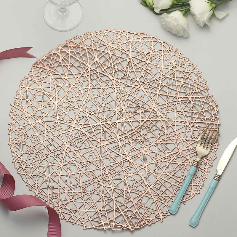 6 Pack Rose Gold Decorative Woven Vinyl Placemats, Non-Slip Round Table Mats 15″  |   Reusable Placemats Charger Plates Reusable Placemats