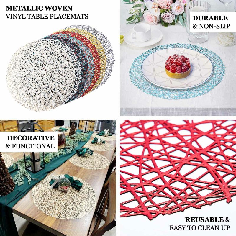 6 Pack Rose Gold Decorative Woven Vinyl Placemats, Non-Slip Round Table Mats 15″  |   Reusable Placemats Charger Plates Reusable Placemats