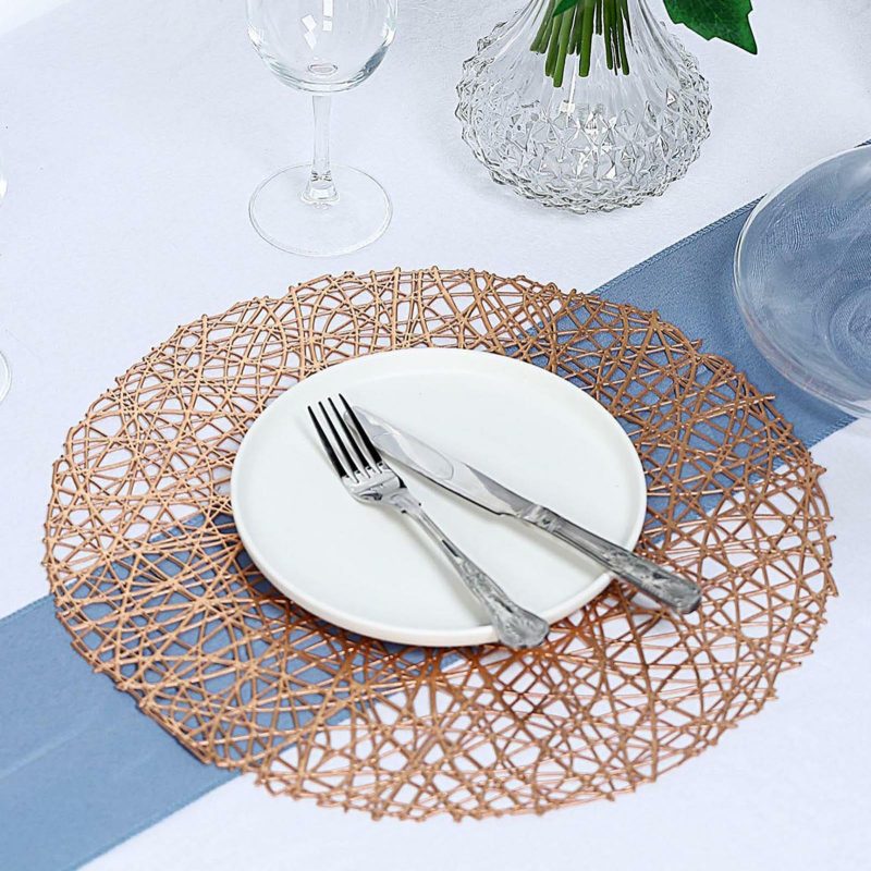 6 Pack Rose Gold Decorative Woven Vinyl Placemats, Non-Slip Round Table Mats 15″  |   Reusable Placemats Charger Plates Reusable Placemats