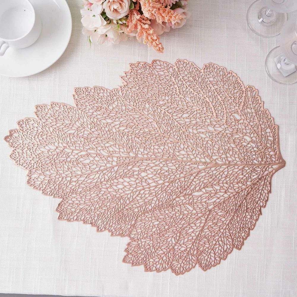 6 Pack Rose Gold Metallic Fall Leaf Vinyl Placemats, Non-Slip Dining Table Mats 18″  |   Reusable Placemats Charger Plates Reusable Placemats