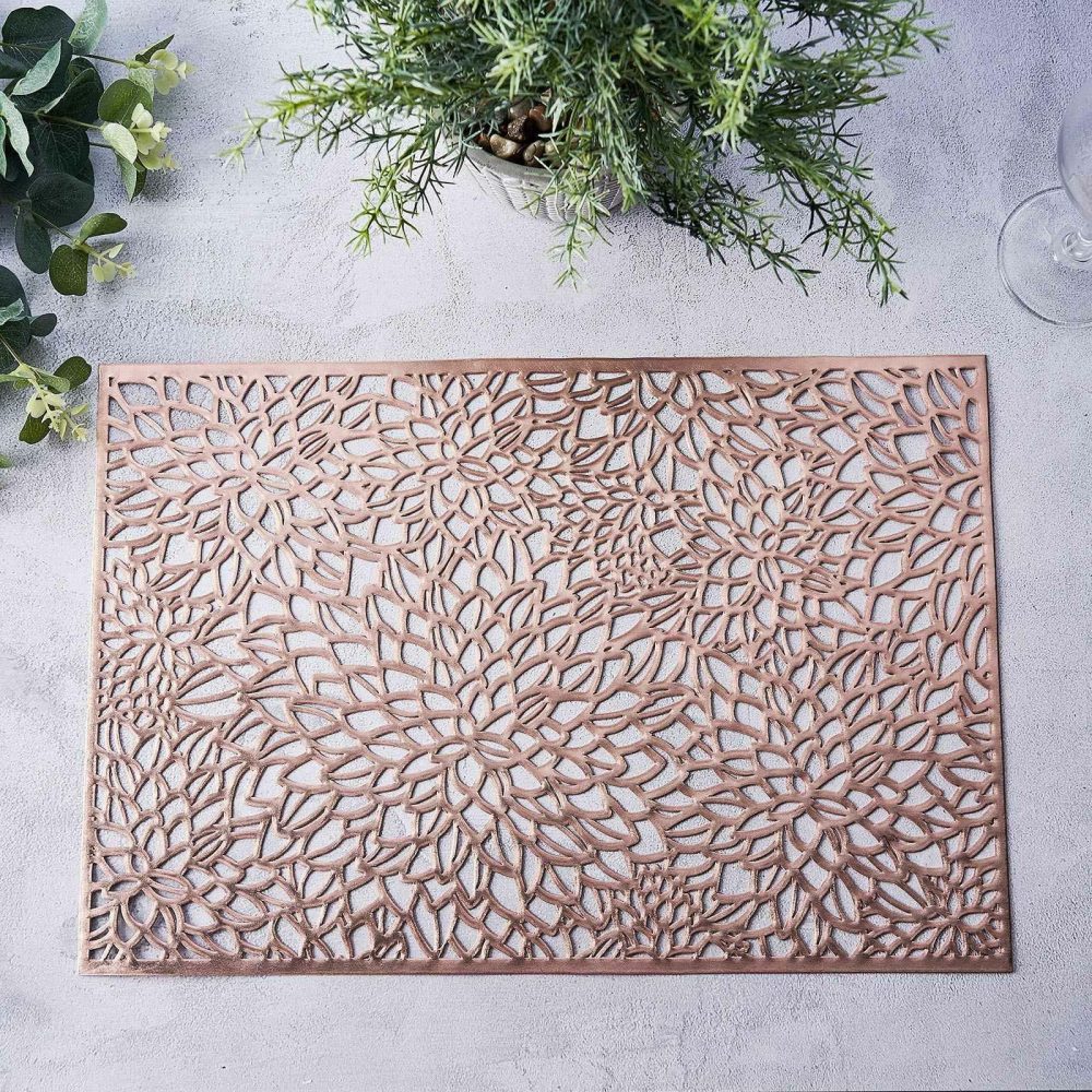 6 Pack Rose Gold Metallic Floral Vinyl Placemats, Non-Slip Rectangle Dining Table Mats 12″x18″  |   Reusable Placemats Charger Plates Blush/Rose gold