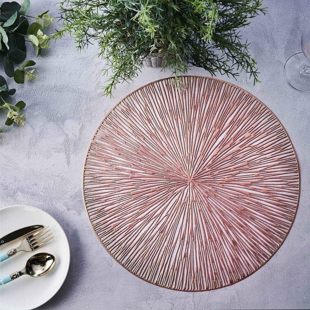 6 Pack Rose Gold Metallic Non-Slip Placemats, Spiked Design Round Vinyl Table Mats 15″  |   Reusable Placemats Charger Plates Reusable Placemats