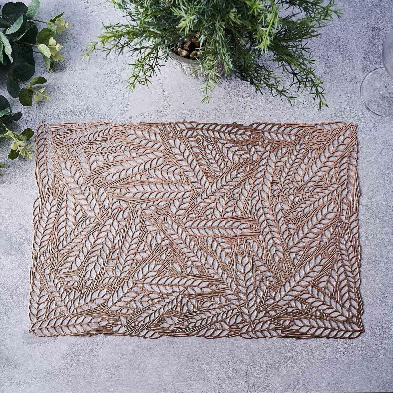 6 Pack Rose Gold Metallic Non-Slip Placemats, Wheat Design Rectangle Vinyl Table Mats 12″x18″  |   Reusable Placemats Charger Plates Reusable Placemats