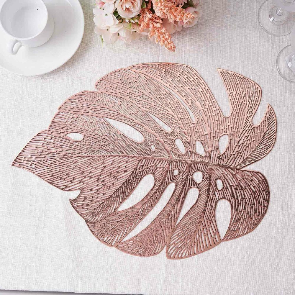 6 Pack Rose Gold Monstera Leaf Vinyl Placemats, Non-Slip Dining Table Mats 18″  |   Reusable Placemats Charger Plates Reusable Placemats