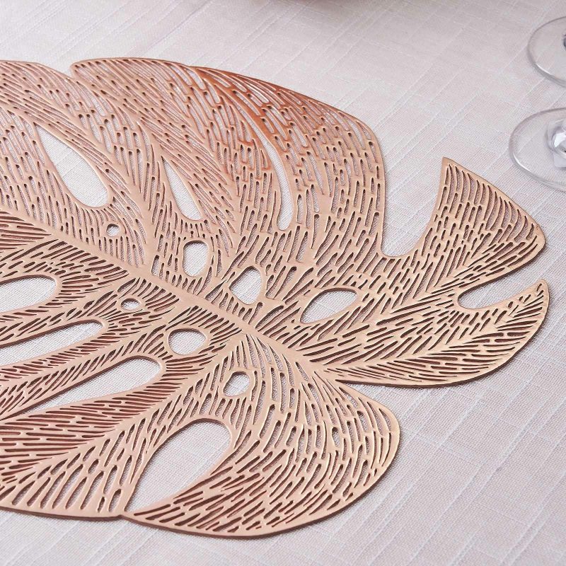 6 Pack Rose Gold Monstera Leaf Vinyl Placemats, Non-Slip Dining Table Mats 18″  |   Reusable Placemats Charger Plates Reusable Placemats