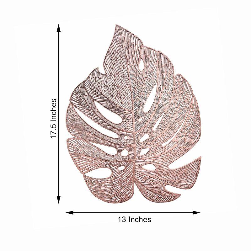 6 Pack Rose Gold Monstera Leaf Vinyl Placemats, Non-Slip Dining Table Mats 18″  |   Reusable Placemats Charger Plates Reusable Placemats