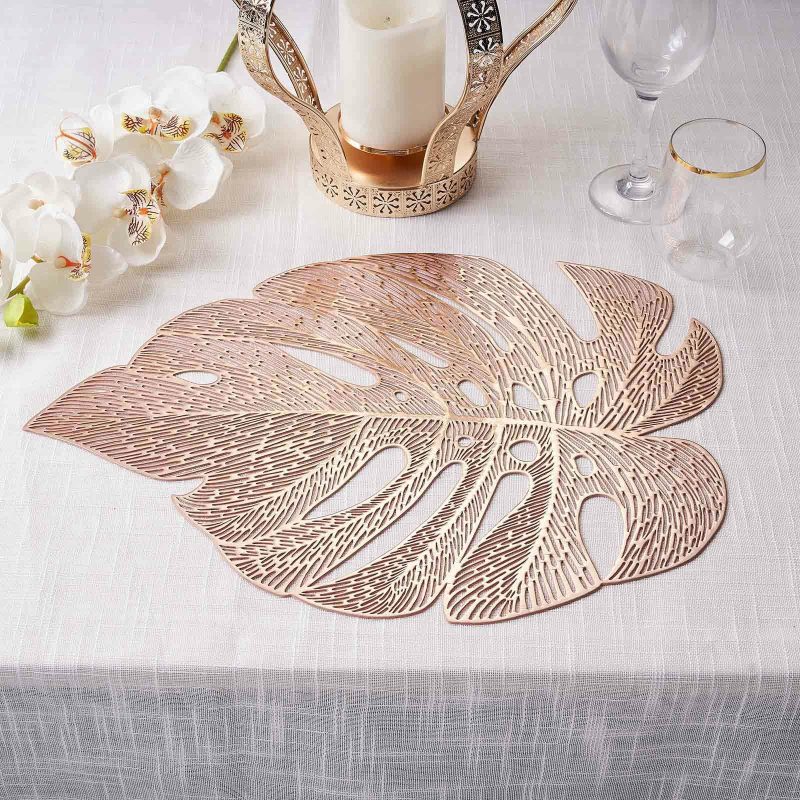 6 Pack Rose Gold Monstera Leaf Vinyl Placemats, Non-Slip Dining Table Mats 18″  |   Reusable Placemats Charger Plates Reusable Placemats