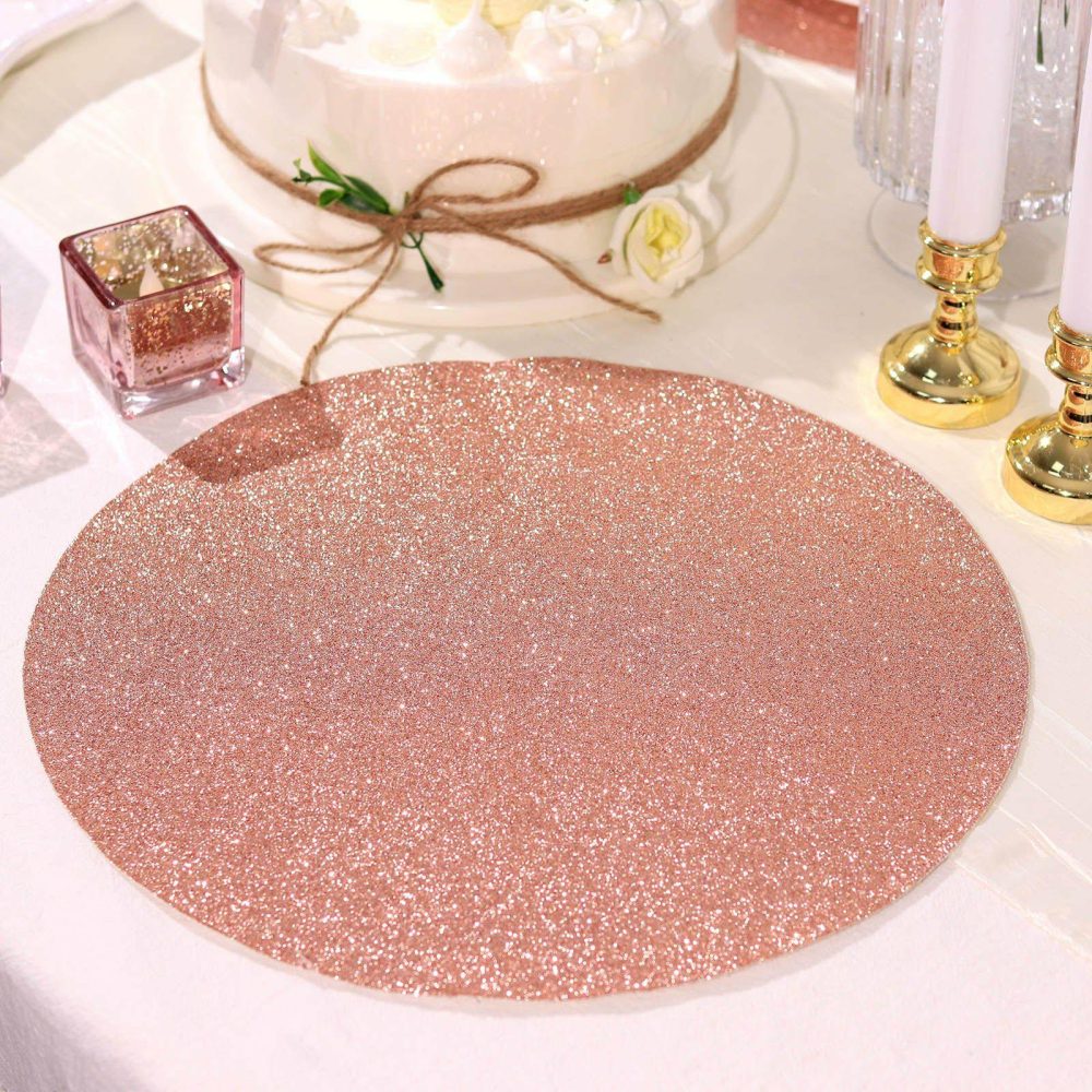 6 Pack Rose Gold Sparkle Placemats, Non Slip Decorative Round Glitter Table Mat  |   Reusable Placemats Charger Plates Reusable Placemats