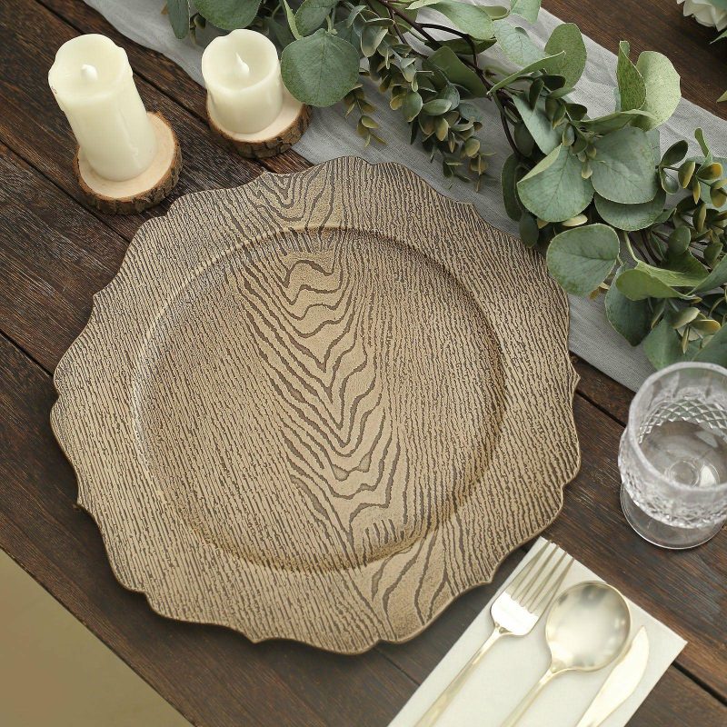 6 Pack Rustic Natural Embossed Wood Grain Acrylic Charger Plates with Scalloped Rim 13″  |   Acrylic Charger Plates Acrylic Charger Plates Acrylic Charger Plates