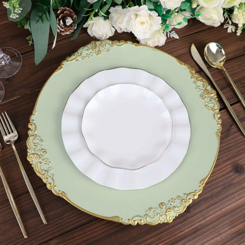 6 Pack Sage Green Gold Embossed Baroque Round Charger Plates With Antique Design Rim 13″  |   Acrylic Charger Plates Acrylic Charger Plates Acrylic Charger Plates