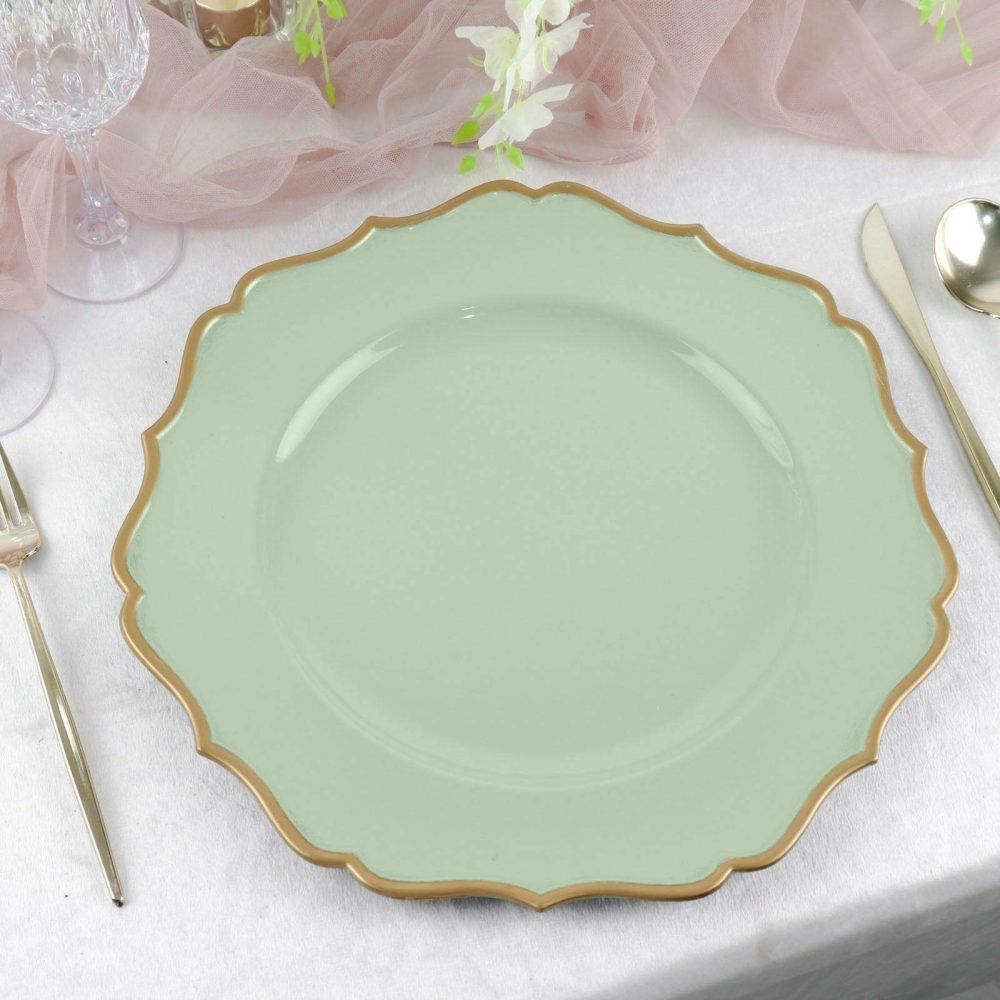 6 Pack Sage Green / Gold Scalloped Rim Acrylic Charger Plates, Round Plastic Charger Plates 13″  |   Acrylic Charger Plates Acrylic Charger Plates Acrylic Charger Plates