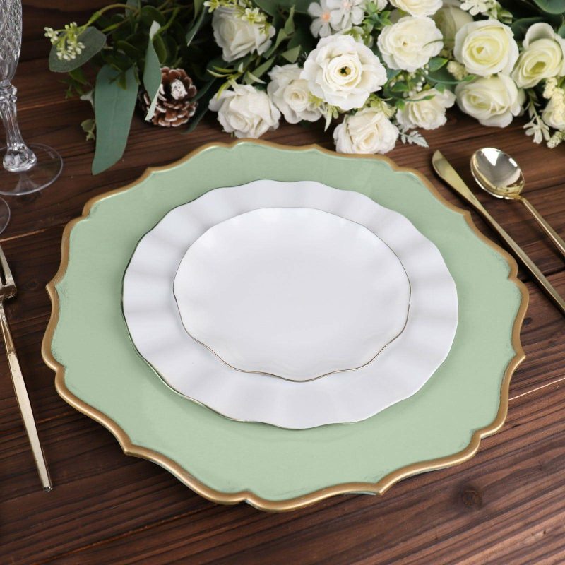 6 Pack Sage Green / Gold Scalloped Rim Acrylic Charger Plates, Round Plastic Charger Plates 13″  |   Acrylic Charger Plates Acrylic Charger Plates Acrylic Charger Plates