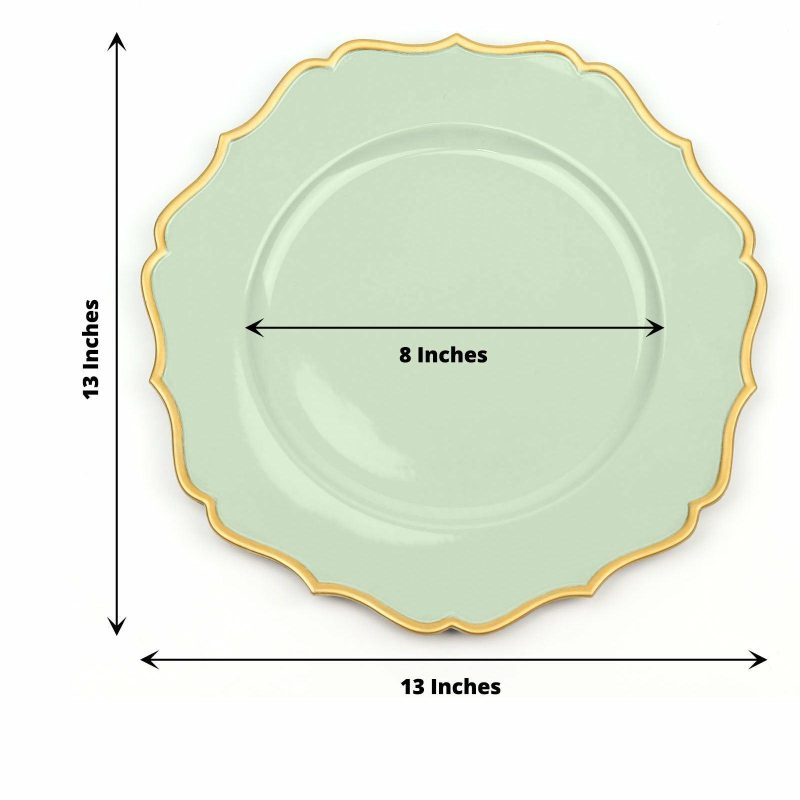 6 Pack Sage Green / Gold Scalloped Rim Acrylic Charger Plates, Round Plastic Charger Plates 13″  |   Acrylic Charger Plates Acrylic Charger Plates Acrylic Charger Plates