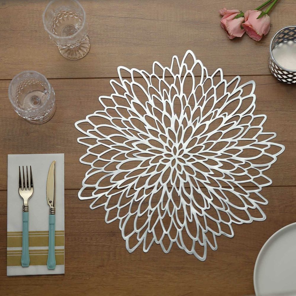 6 Pack Silver Decorative Floral Vinyl Placemats, Non-Slip Round Dining Table Mats 15″  |   Reusable Placemats Charger Plates Reusable Placemats