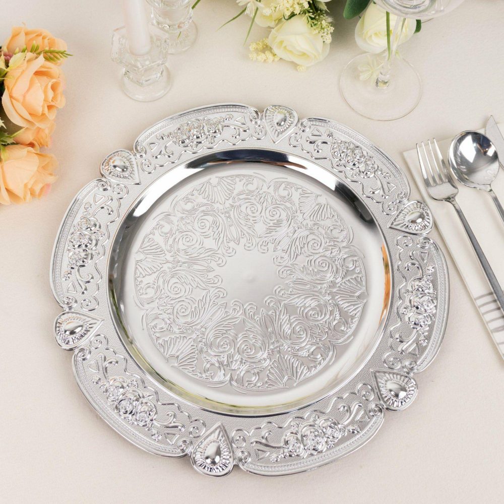 6 Pack Silver Floral Embossed Acrylic Charger Plates With Scalloped Rim, 13″ Round Plastic Decorative Serving Plates  |   Acrylic Charger Plates Acrylic Charger Plates Acrylic Charger Plates