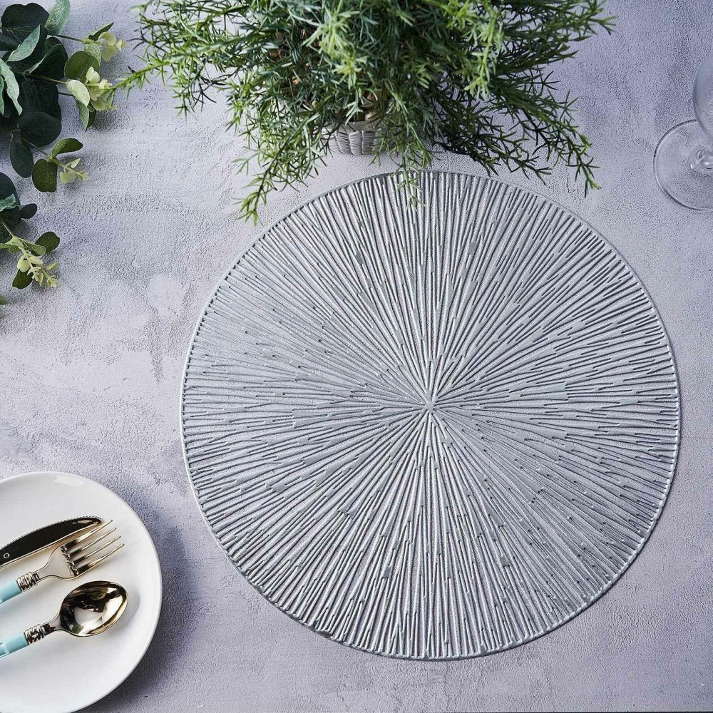 6 Pack Silver Metallic Non-Slip Placemats, Spiked Design Round Vinyl Table Mats 15″  |   Reusable Placemats Charger Plates Reusable Placemats