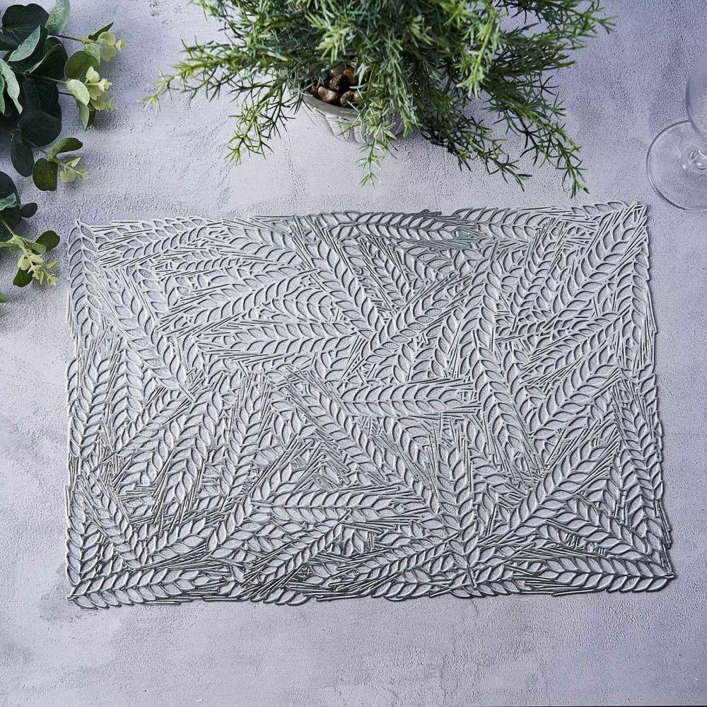 6 Pack Silver Metallic Non-Slip Placemats, Wheat Design Rectangle Vinyl Table Mats 12″x18″  |   Reusable Placemats Charger Plates Reusable Placemats