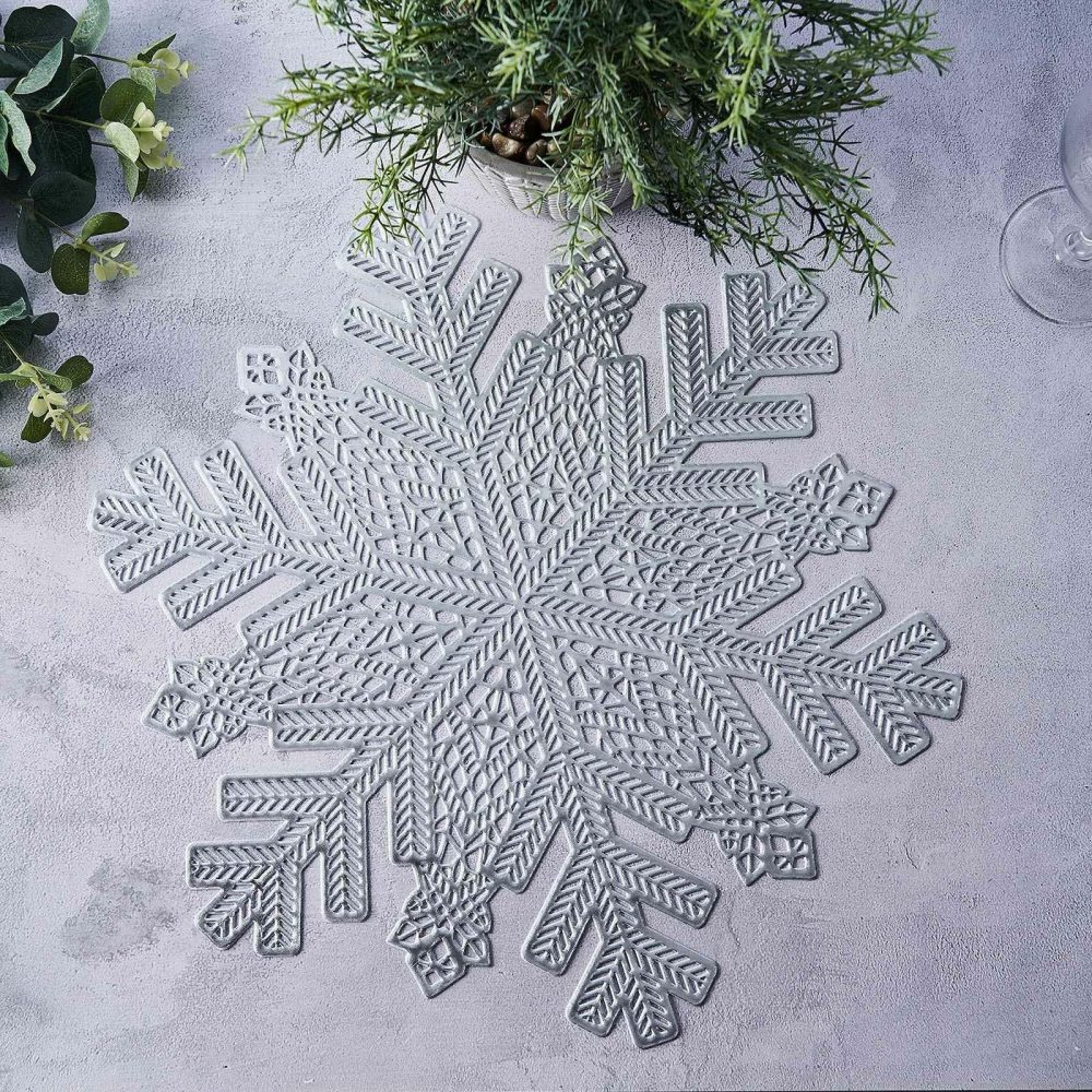 6 Pack Silver Metallic Snowflake Vinyl Placemats, Non-Slip Winter Wonderland Table Mats 18″  |   Reusable Placemats Charger Plates Reusable Placemats