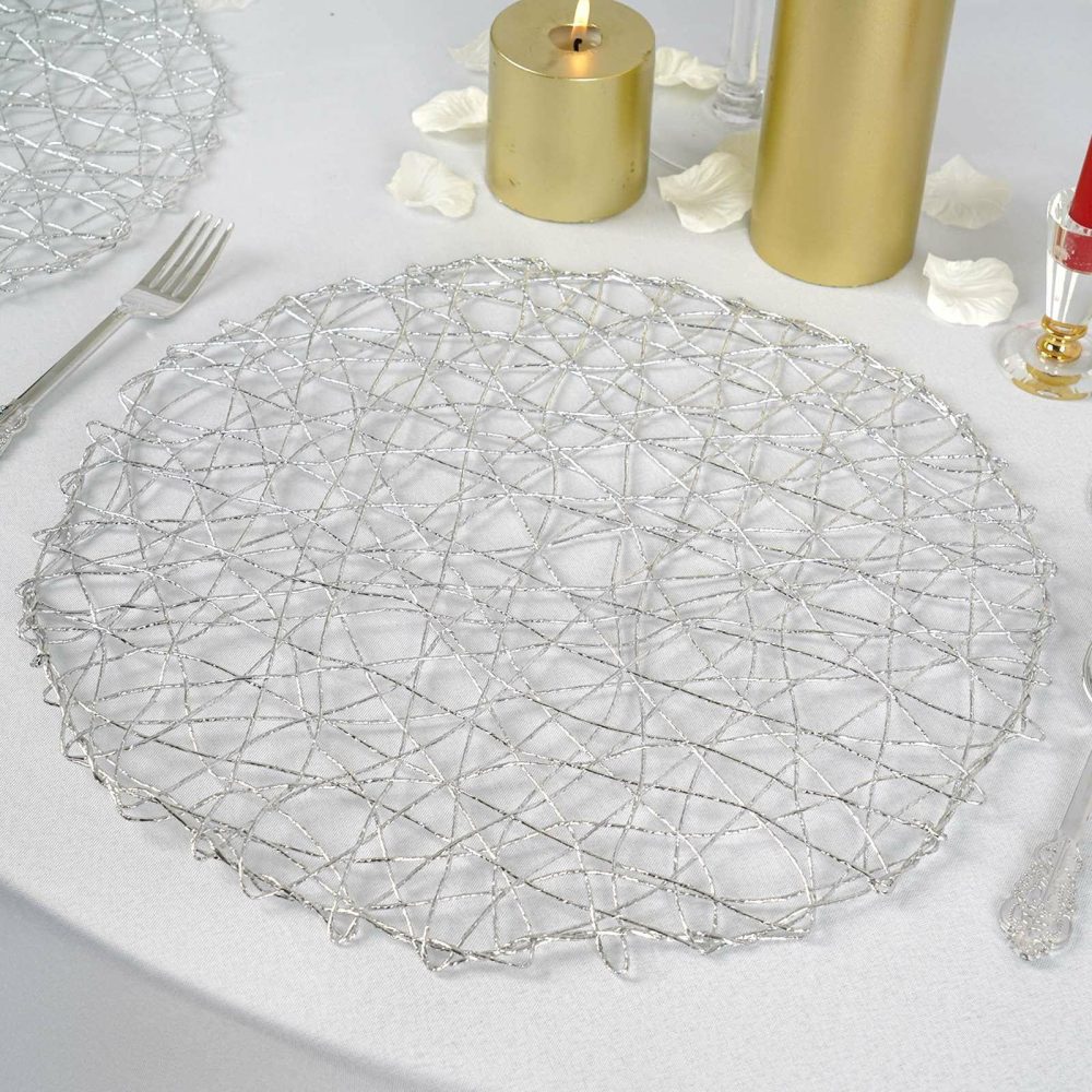 6 Pack Silver Metallic String Woven Placemats, Round Table Mats 15″  |   Reusable Placemats Charger Plates Reusable Placemats