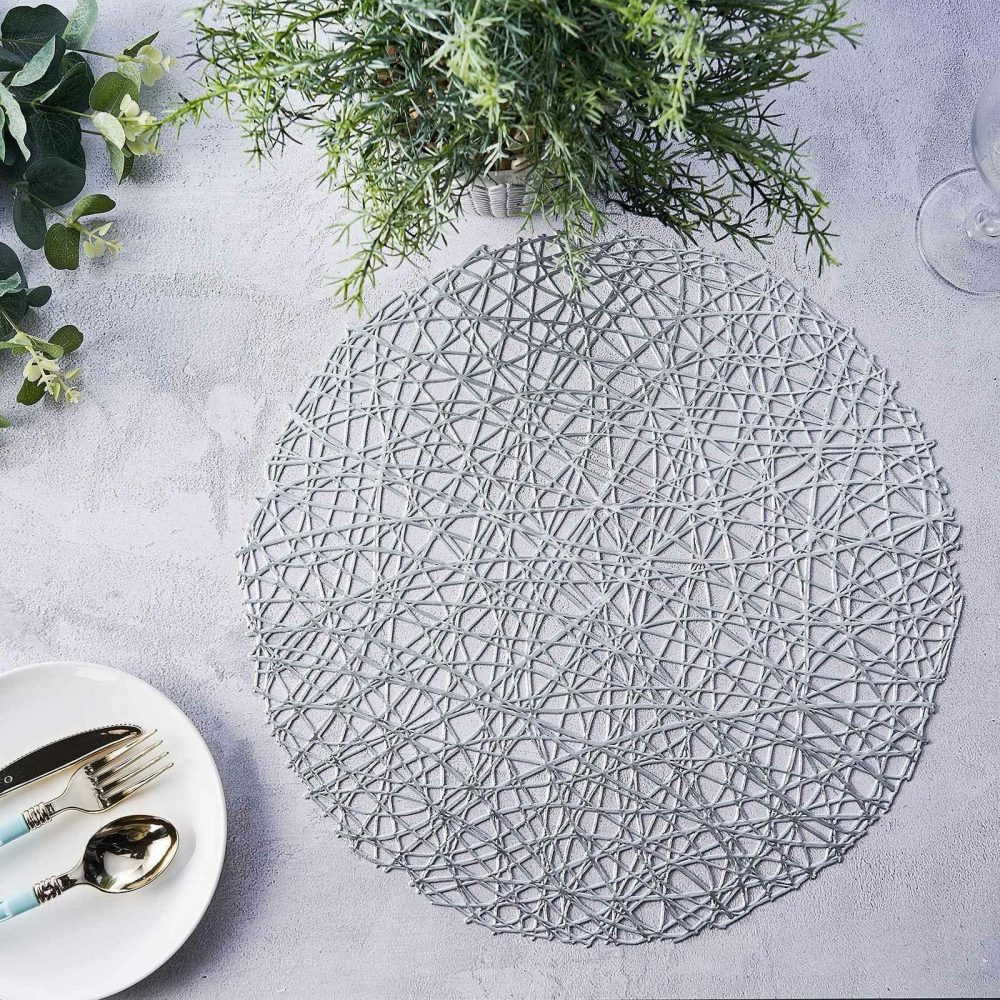 6 Pack Silver Metallic Woven Vinyl Placemats, Non-Slip Round Table Mats 15″  |   Reusable Placemats Charger Plates Reusable Placemats