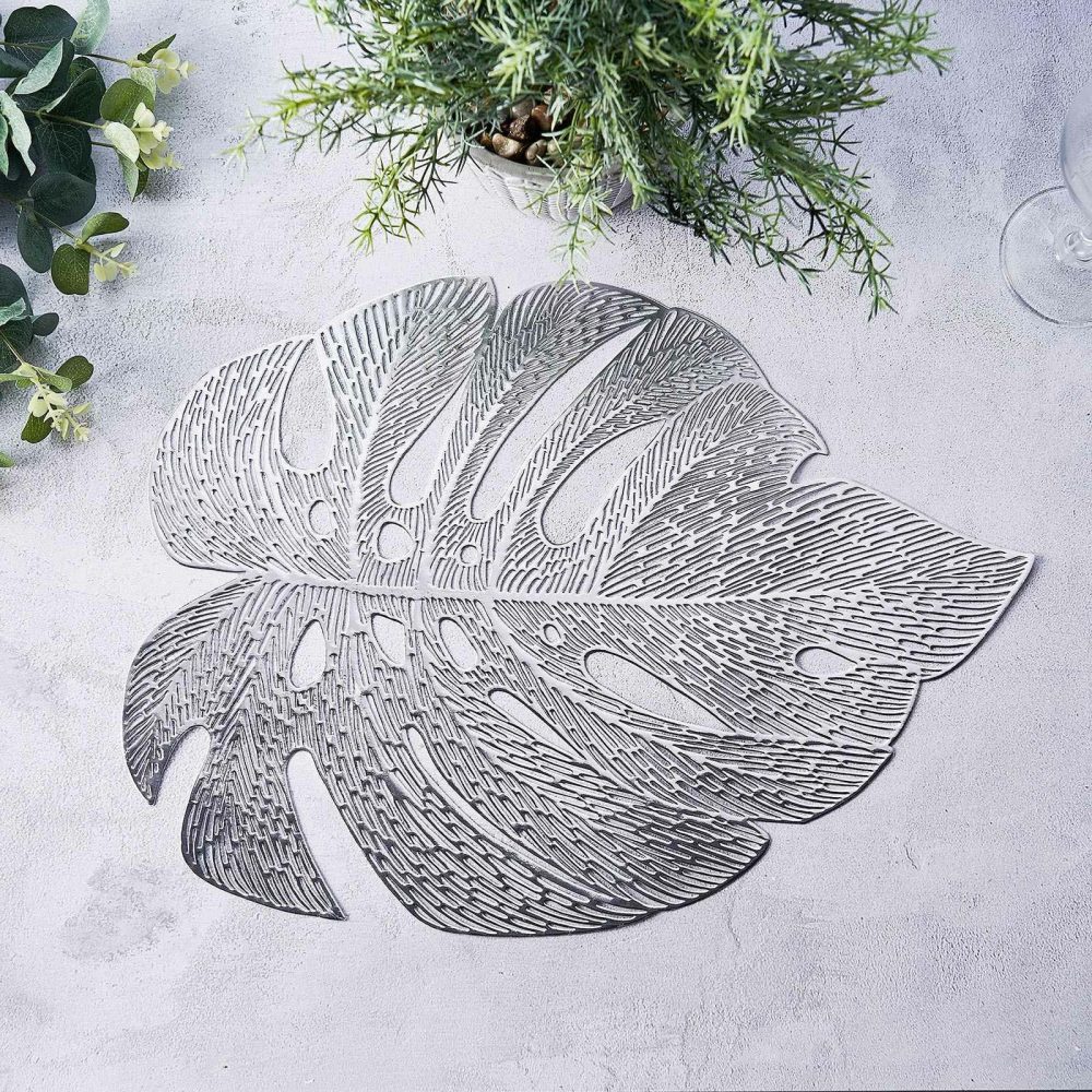 6 Pack Silver Monstera Leaf Vinyl Placemats, Non-Slip Dining Table Mats 18″  |   Reusable Placemats Charger Plates Reusable Placemats