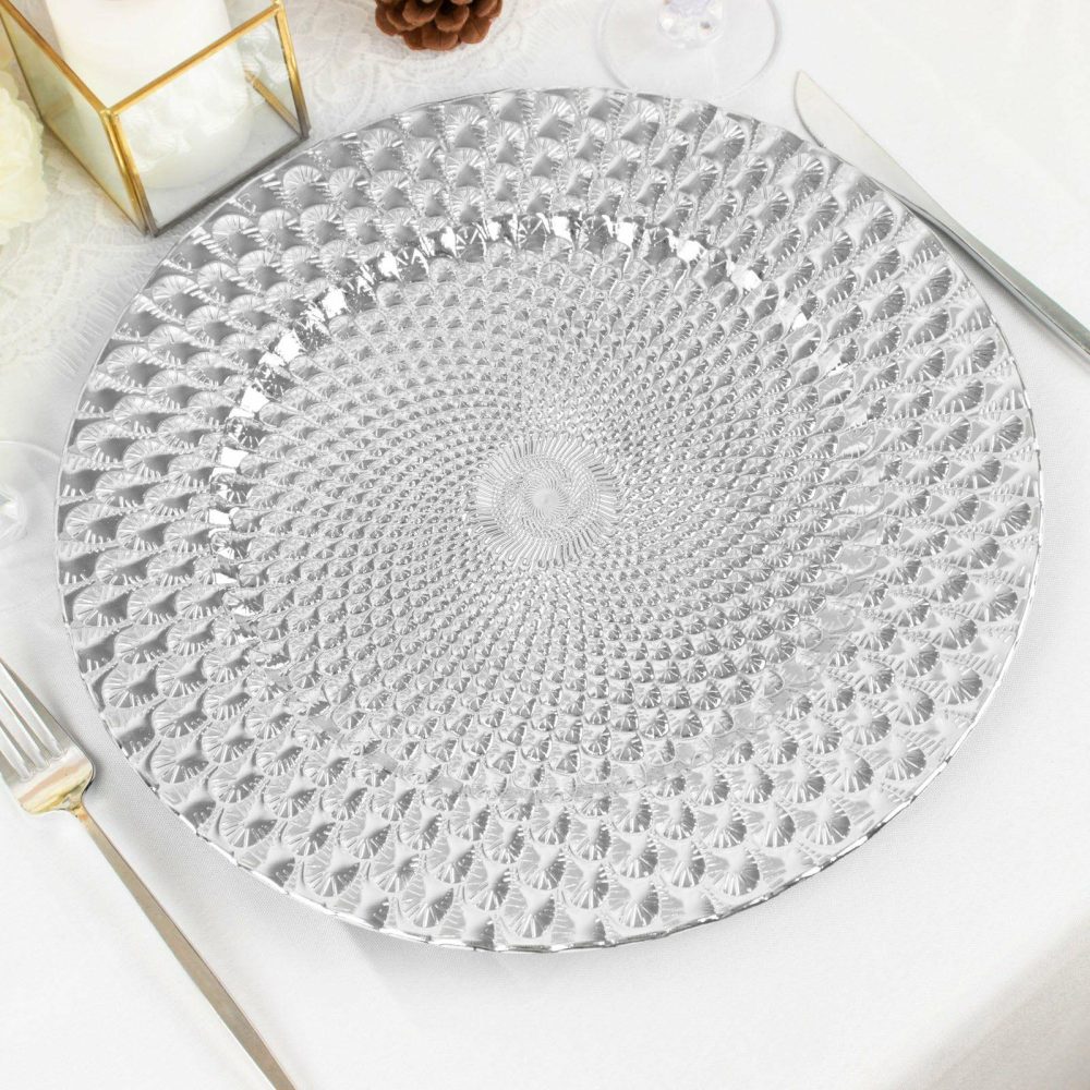 6 Pack Silver Peacock Pattern Plastic Serving Plates, Round Disposable Charger Plates 13″  |   Acrylic Charger Plates Acrylic Charger Plates Acrylic Charger Plates