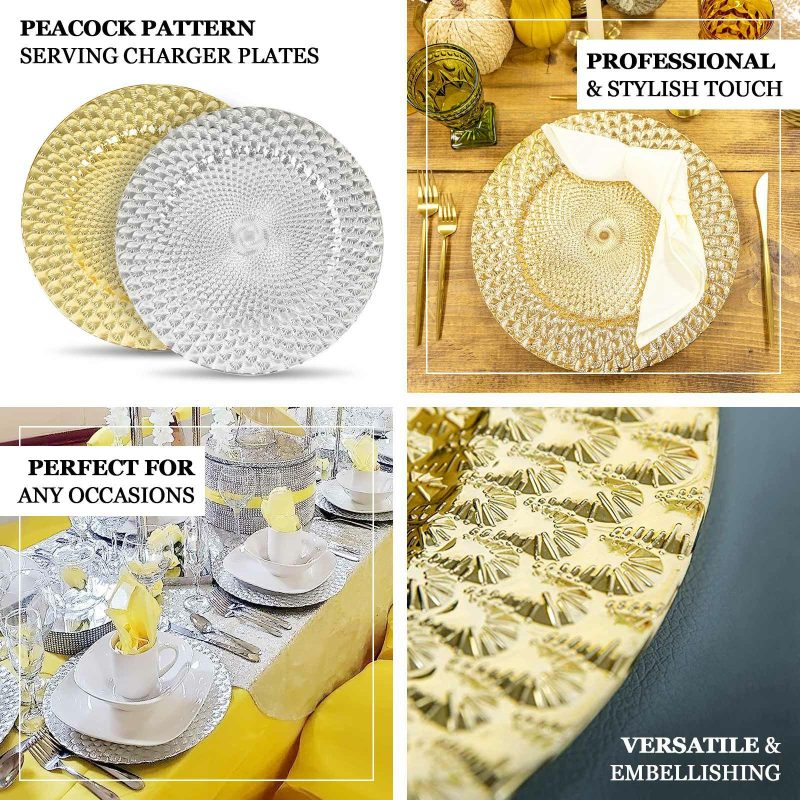 6 Pack Silver Peacock Pattern Plastic Serving Plates, Round Disposable Charger Plates 13″  |   Acrylic Charger Plates Acrylic Charger Plates Acrylic Charger Plates