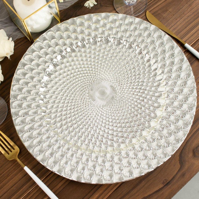 6 Pack Silver Peacock Pattern Plastic Serving Plates, Round Disposable Charger Plates 13″  |   Acrylic Charger Plates Acrylic Charger Plates Acrylic Charger Plates