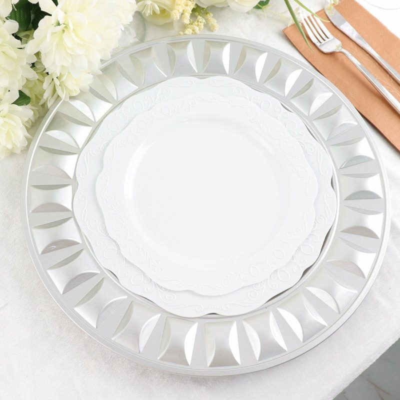 6 Pack Silver Round Bejeweled Rim Plastic Dinner Serving Trays, Disposable Charger Plates 13″  |   Acrylic Charger Plates Acrylic Charger Plates Acrylic Charger Plates