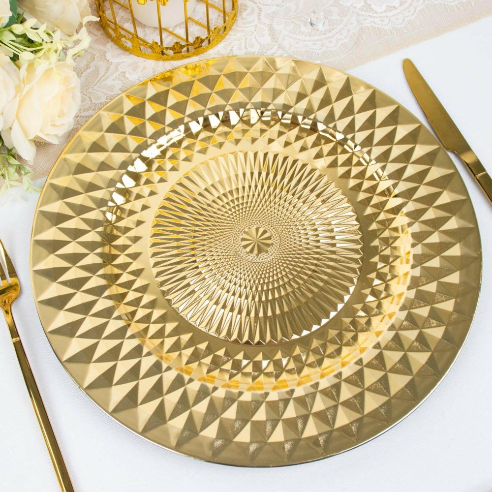 6 Pack Sparkling Gold Diamond Disposable Dinner Serving Plates, Shiny Round Plastic Charger Plates 13″  |   Acrylic Charger Plates Acrylic Charger Plates Acrylic Charger Plates