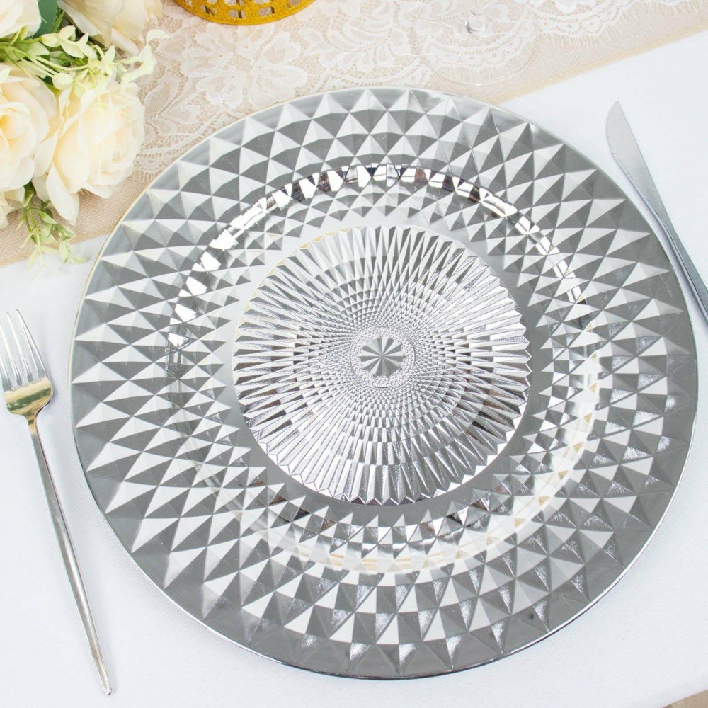 6 Pack Sparkling Silver Diamond Disposable Dinner Serving Plates, Shiny Round Plastic Charger Plates 13″  |   Acrylic Charger Plates Acrylic Charger Plates Acrylic Charger Plates