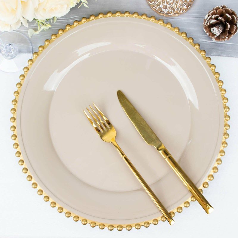 6 Pack Taupe Gold Acrylic Plastic Beaded Rim Charger Plates – 13″  |   Acrylic Charger Plates Acrylic Charger Plates Acrylic Charger Plates