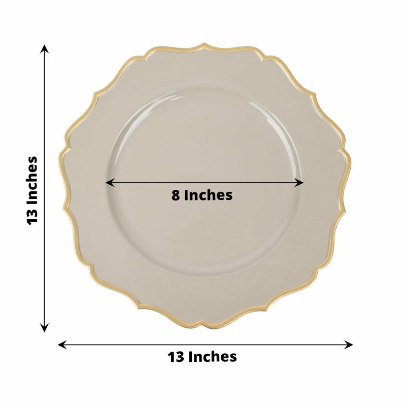 6 Pack Taupe / Gold Scalloped Rim Acrylic Charger Plates, Round Plastic Charger Plates 13″  |   Acrylic Charger Plates Acrylic Charger Plates Acrylic Charger Plates