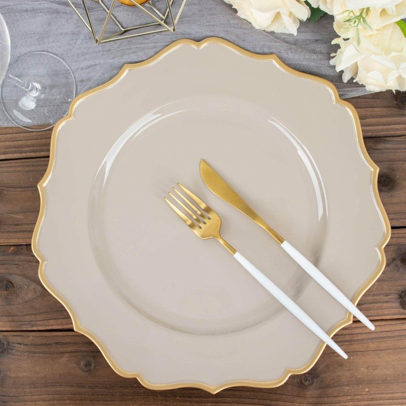 6 Pack Taupe / Gold Scalloped Rim Acrylic Charger Plates, Round Plastic Charger Plates 13″  |   Acrylic Charger Plates Acrylic Charger Plates Acrylic Charger Plates