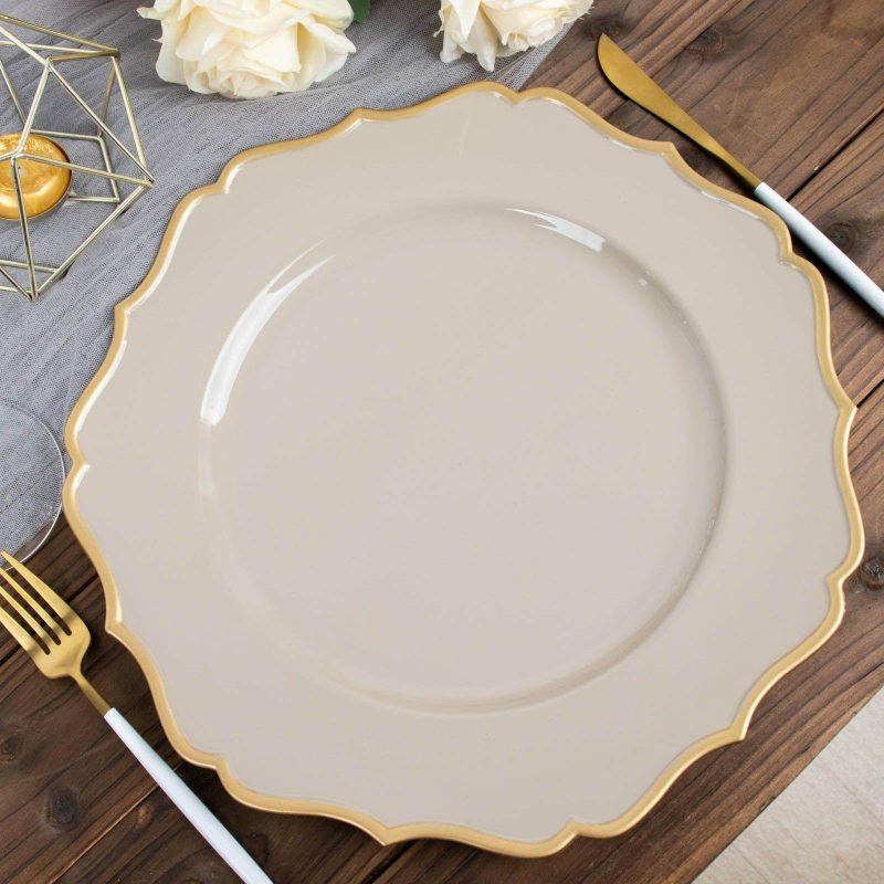 6 Pack Taupe / Gold Scalloped Rim Acrylic Charger Plates, Round Plastic Charger Plates 13″  |   Acrylic Charger Plates Acrylic Charger Plates Acrylic Charger Plates