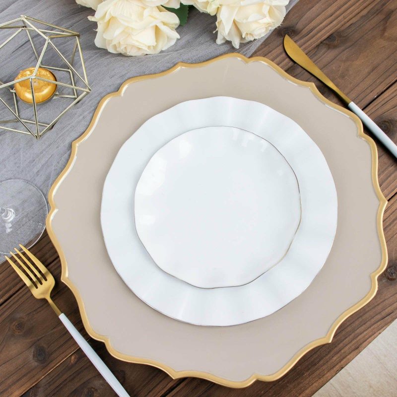 6 Pack Taupe / Gold Scalloped Rim Acrylic Charger Plates, Round Plastic Charger Plates 13″  |   Acrylic Charger Plates Acrylic Charger Plates Acrylic Charger Plates