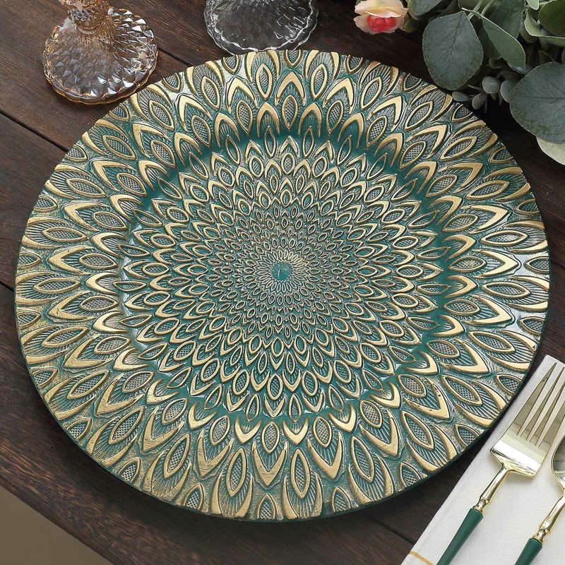 6 Pack Teal / Gold Embossed Peacock Design Plastic Serving Plates, Round Disposable Charger Plates 13″  |   Acrylic Charger Plates Acrylic Charger Plates Acrylic Charger Plates