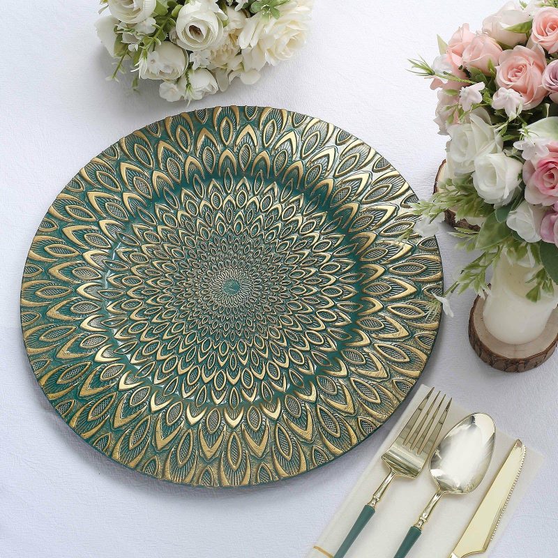 6 Pack Teal / Gold Embossed Peacock Design Plastic Serving Plates, Round Disposable Charger Plates 13″  |   Acrylic Charger Plates Acrylic Charger Plates Acrylic Charger Plates