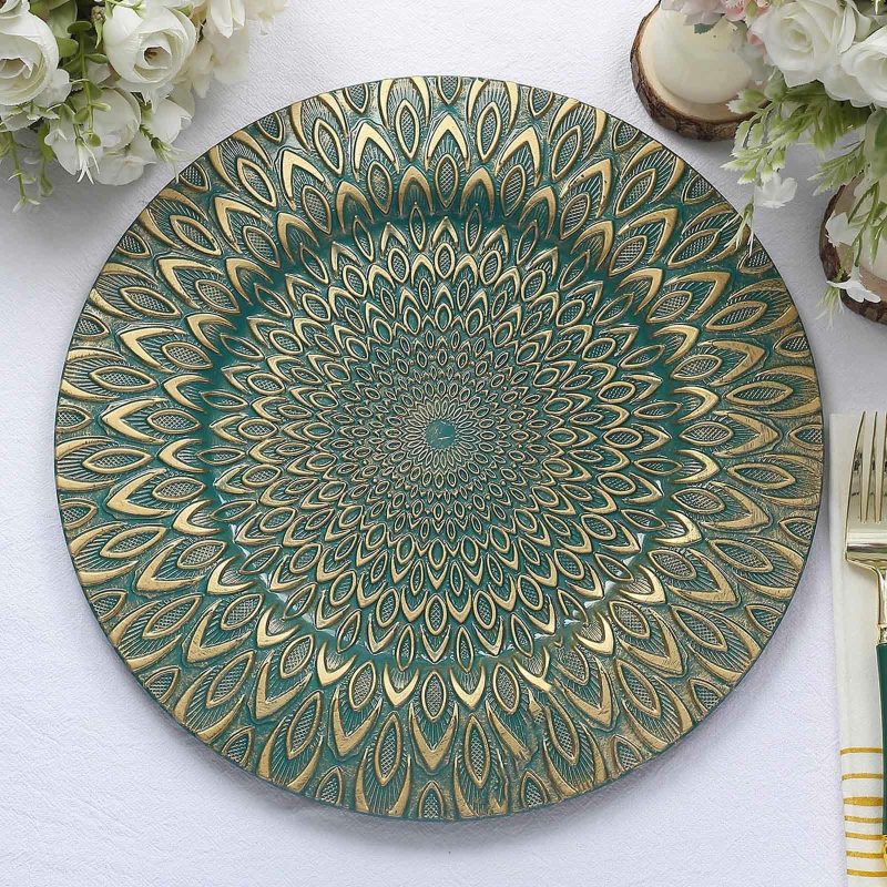 6 Pack Teal / Gold Embossed Peacock Design Plastic Serving Plates, Round Disposable Charger Plates 13″  |   Acrylic Charger Plates Acrylic Charger Plates Acrylic Charger Plates