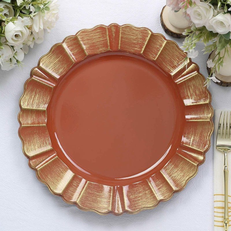 6 Pack Terracotta (Rust) Acrylic Plastic Charger Plates With Gold Brushed Wavy Scalloped Rim 13″ Round  |   Acrylic Charger Plates Acrylic Charger Plates Acrylic Charger Plates