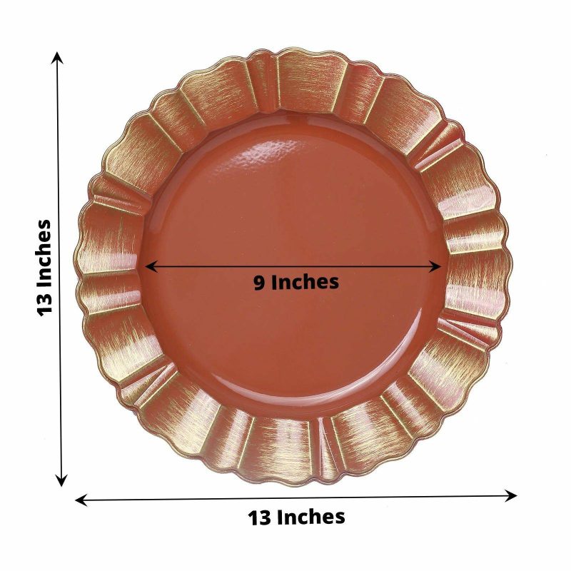 6 Pack Terracotta (Rust) Acrylic Plastic Charger Plates With Gold Brushed Wavy Scalloped Rim 13″ Round  |   Acrylic Charger Plates Acrylic Charger Plates Acrylic Charger Plates