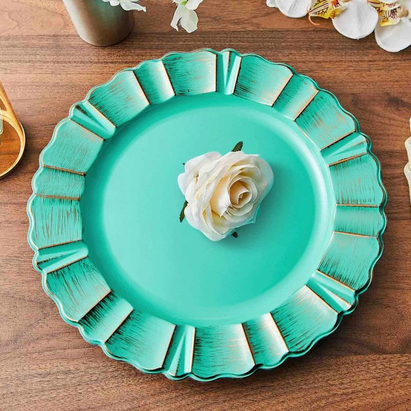 6 Pack Turquoise Acrylic Plastic Charger Plates With Gold Brushed Wavy Scalloped Rim 13″ Round  |   Acrylic Charger Plates Acrylic Charger Plates Acrylic Charger Plates